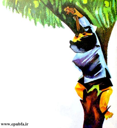 پسرک از درخت بالا رفت و با دقت، سنجاب کوچولو را روی شاخهای گذاشت.